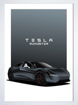 Tesla Roadster Donkergrijs op Poster - 50 x 70cm - Auto Poster Kinderkamer / Slaapkamer / Kantoor