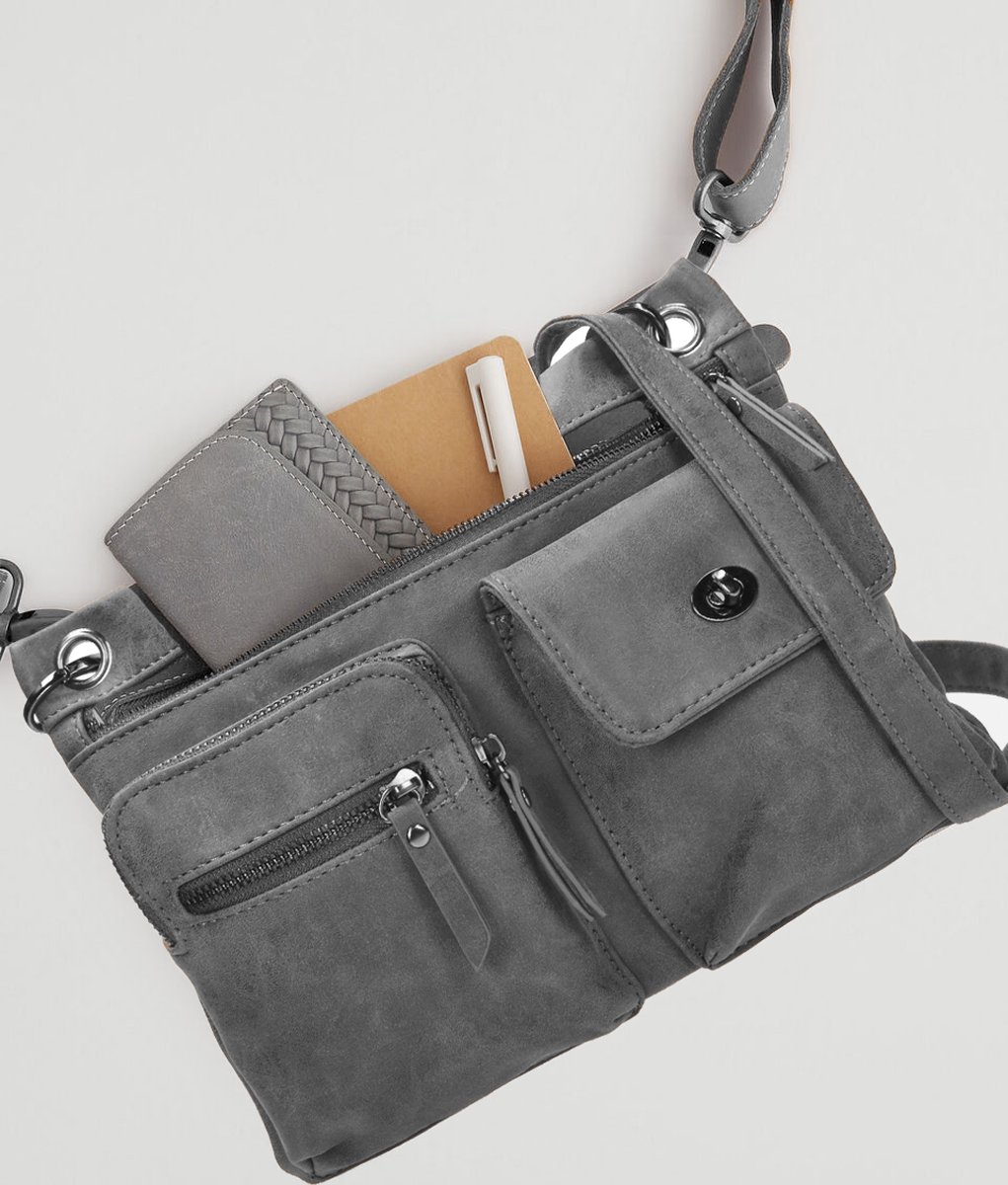 Bicky bernard Crossbodytas - Platte tas - tas met veel ritssluiting - grijs- BB66666-Schoudertas Dames - Crossbody - 27.5x4.5x22cm - 2.7L - 5 Vakken
