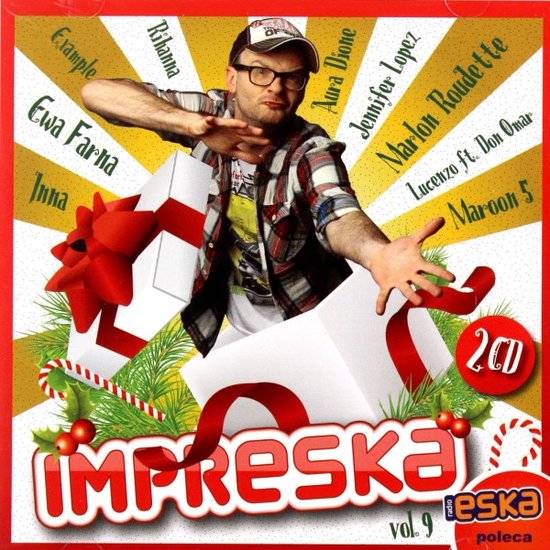 Een man met een bril, gekleed in een geruite blouse, springt uit een cadeau met een rode strik. De titel 'IMPRESKA vol. 9' staat prominent in beeld.