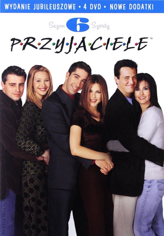 De cast van Friends poseert op de voorkant van een dvd-hoes.