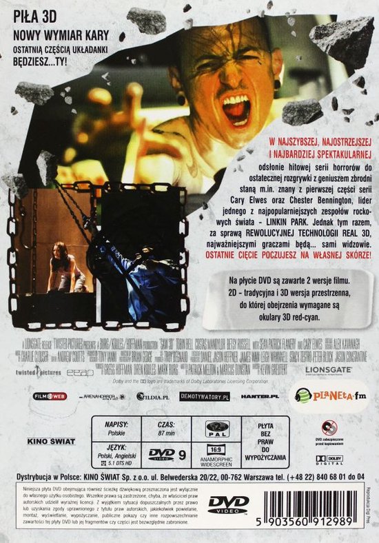 De achterkant van de dvd-hoes toont een schreeuwende man met tatoeages en een ketting. De tekst "PIŁA 3D" en details over de film zijn zichtbaar.