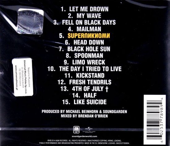 Achterkant cd met tracklist, waaronder 'Superunknown', met logo's en barcodes.