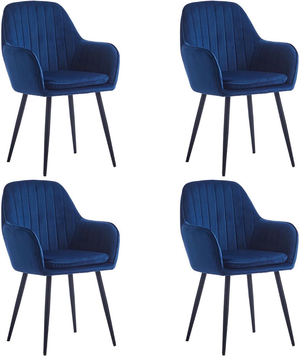 Colenis® - Lavinia Eetkamerstoel - Set van 4 - Blauw - Velvet - Industrieel - Met armleuning