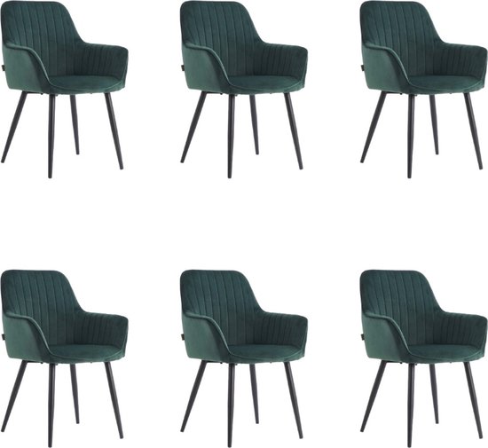 Ensemble de six chaises de salle à manger vertes en velours avec accoudoirs et nervures verticales, chacune avec des pieds noirs.