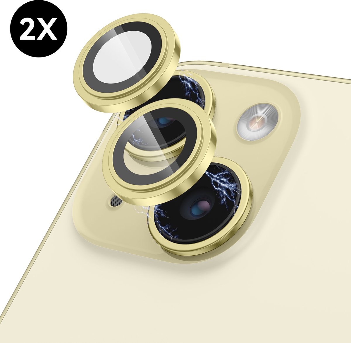 2x Camera Lens Screen Protector geschikt voor iPhone 15 / iPhone 15 Plus Camera Lens Screen Protector - Screenprotector - Geel - Aluminium - Camera Protector geschikt voor iPhone 15 / iPhone 15 Plus - Gehard Glas