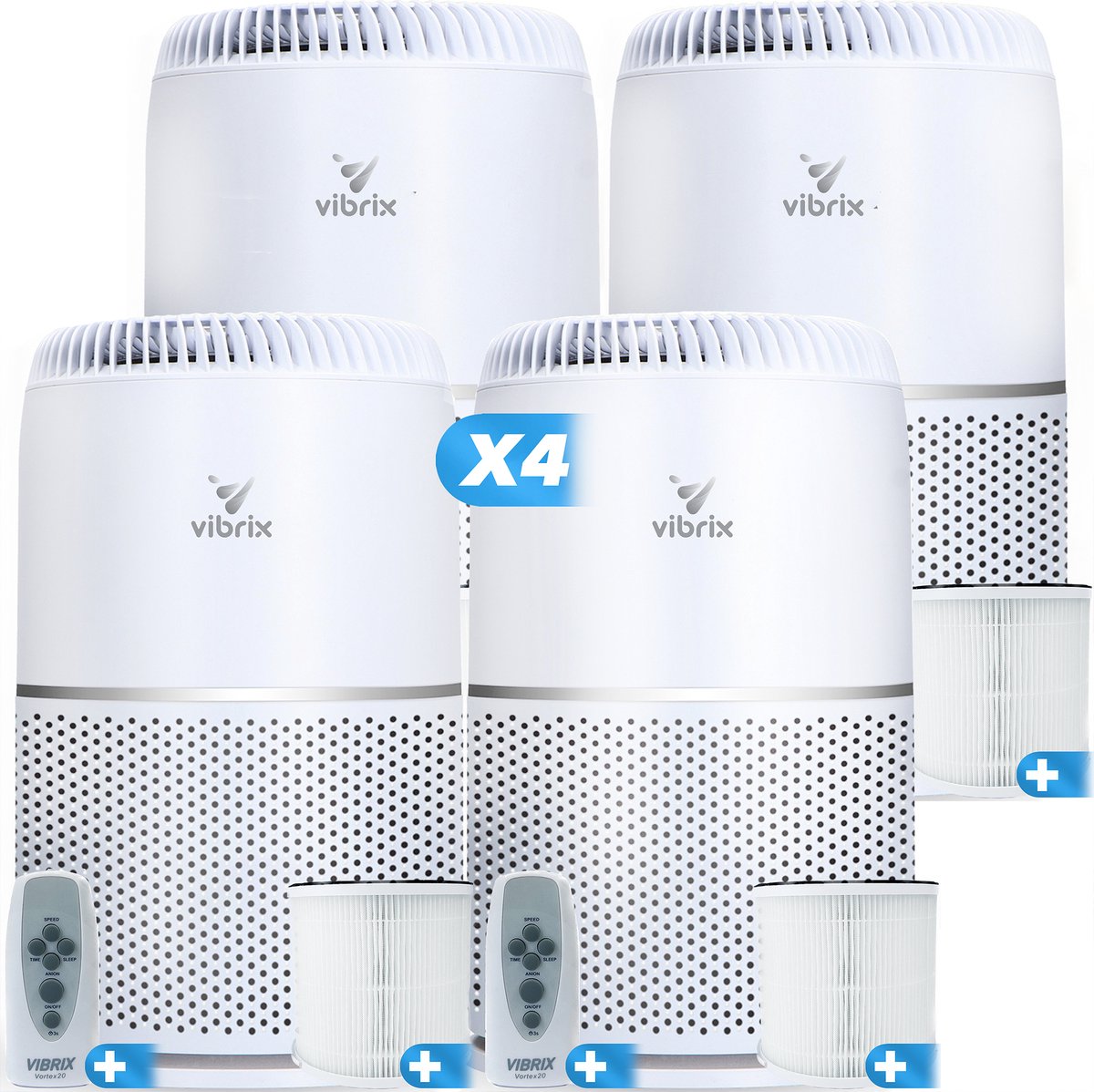 4 X Vibrix Vortex20 luchtreiniger + 4 afstandsbedieningen - Geschikt voor 1 m² tot wel 70 m² - Automatische stand + 6-in-1 HEPA filtersysteem - Luchtkwaliteitsindicator - Ionisator - Luchtfilter - Air purifier met HEPA-filter