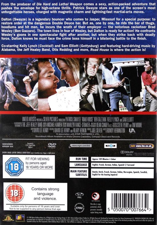 Achterkant DVD "Road House" met Patrick Swayze, Kelly Lynch en Ben Gazzara.