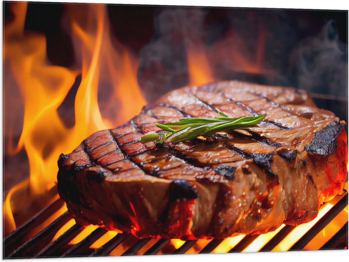 Vlag - Brandende Steak op Barbecue - 100x75 cm Foto op Polyester Vlag