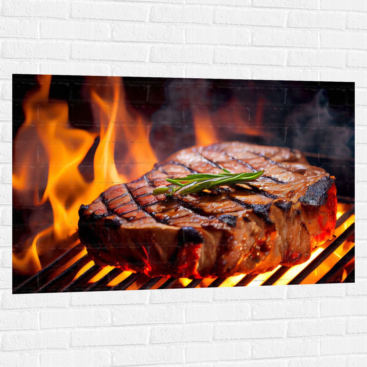 Muursticker - Brandende Steak op Barbecue - 120x80 cm Foto op Muursticker