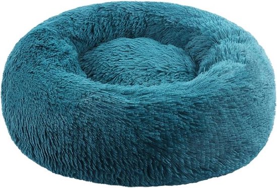 Donkerblauwe pluche hondenmand met opstaande rand.
