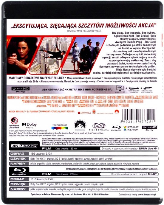 Mission: Impossible - Ghost Protocol [Blu-Ray 4K]+[Blu-Ray], Paula ...