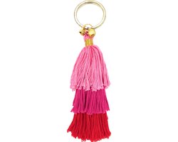 Luna-Leena duurzame kwasten sleutelhanger/ tas bedel van bio katoen - rood en pink - L14cm incl ring - handgemaakt in Nepal - kwast - boho - keychain tassel - kado - moederdag cadeau - Ibiza - bohemian - bag charm