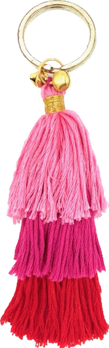 Luna-Leena duurzame kwasten sleutelhanger/ tas bedel van bio katoen - rood en pink - L14cm incl ring - handgemaakt in Nepal - kwast - boho - keychain tassel - kado - moederdag cadeau - Ibiza - bohemian - bag charm