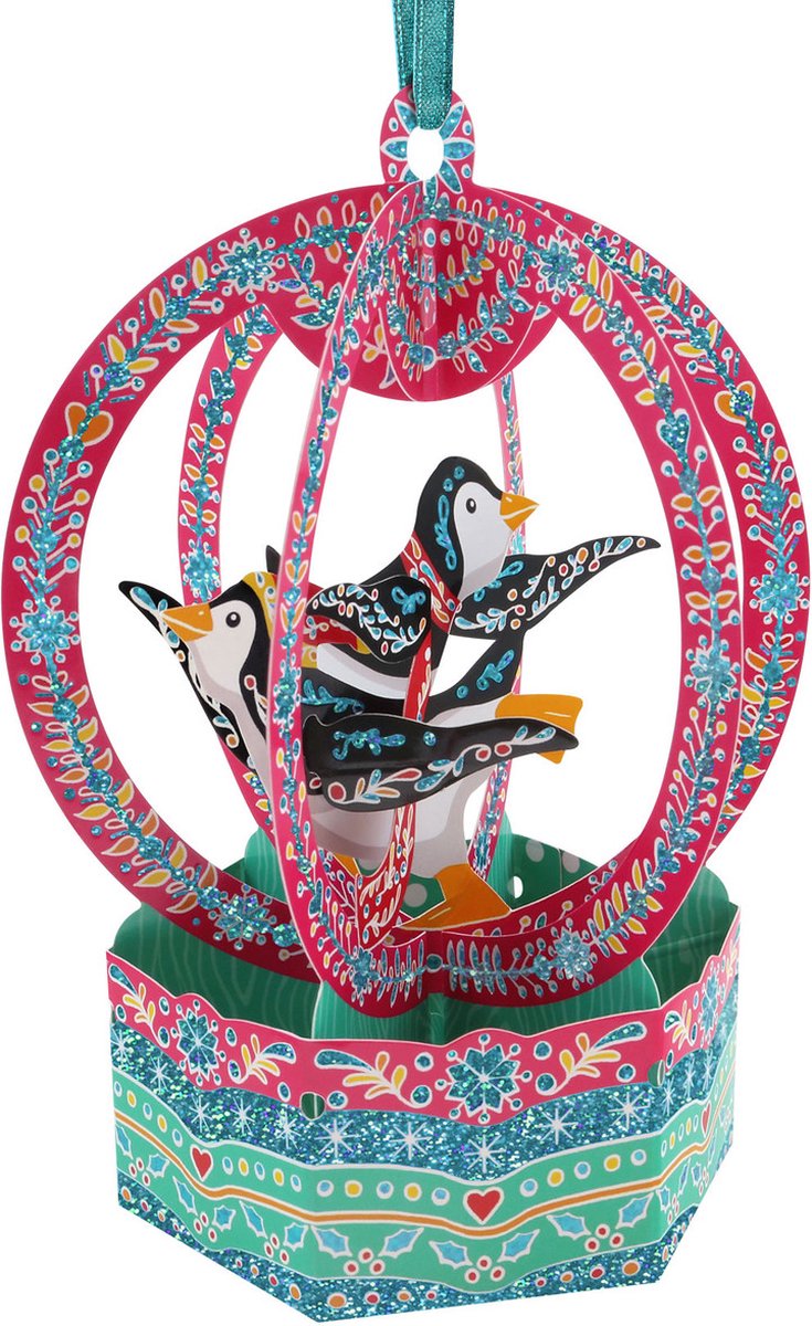3D Baubles (Kerstbal Wenskaart met envelop) - Snow Globe - Penguins