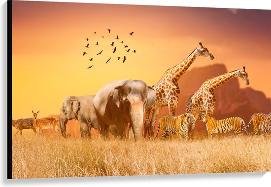 Canvas - De Dieren van het Afrikaanse Landschap - 120x80 cm Foto op Canvas Schilderij (Wanddecoratie op Canvas)