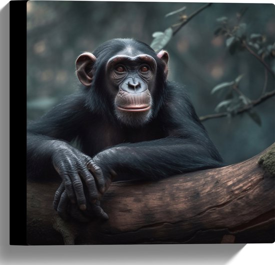 Canvas - Chimpansee Aap Rustend op Dikke Boomstronkk - 30x30 cm Foto op Canvas Schilderij (Wanddecoratie op Canvas)