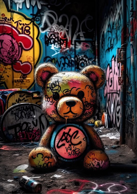 Teddy Bear Graffiti – Plexiglas transparent de qualité galerie 5 mm. - Cadre suspendu en aluminium aveugle - Décoration murale de Luxe - Art photo - emballé professionnellement et livré gratuitement