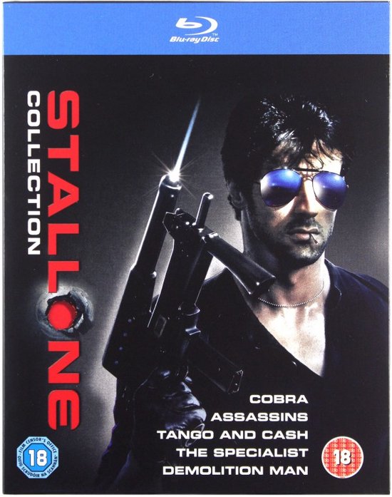 Blu-ray box met Sylvester Stallone met machinepistool. Titels: Cobra, Assassins, Tango & Cash, The Specialist, Demolition Man.