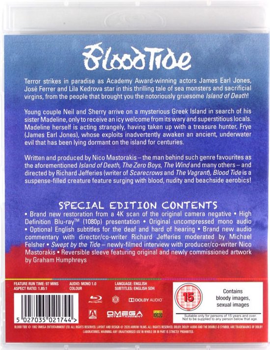 Achterkant van een Blu-ray hoes met filmdetails en recensies. "Blood Tide" is duidelijk zichtbaar.