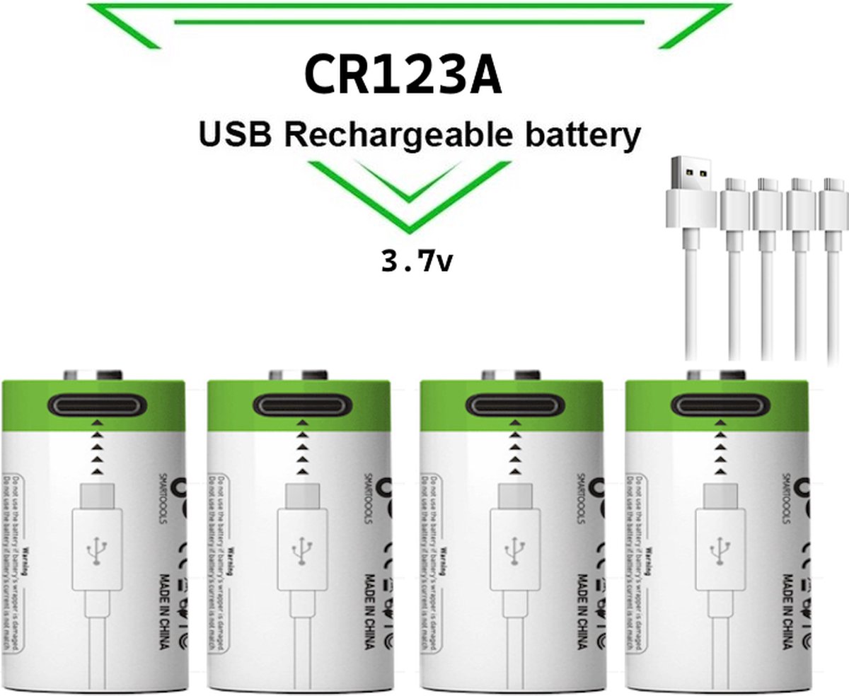 4-Pack Lithium Li-ion CR123A Batterijen 3.7V oplaadbaar - USB-C - 700 mAh - Duurzame Keuze - Met 4-in-1 USB-C kabel - Lithium CR123A batterij accu - 4 stuks