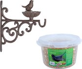 Wand vogel voederbak/drinkbak met haak gietijzer 19 cm inclusief 4-seizoenen mueslimix vogelvoer - Vogel voederstation