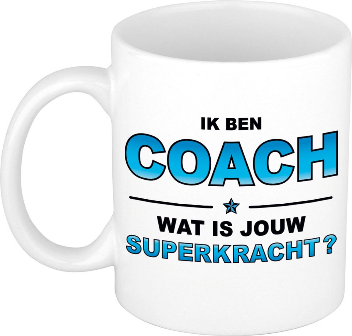 Ik ben coach wat is jouw superkracht mok / beker - wit met blauwe tekst - cadeau / verjaardag