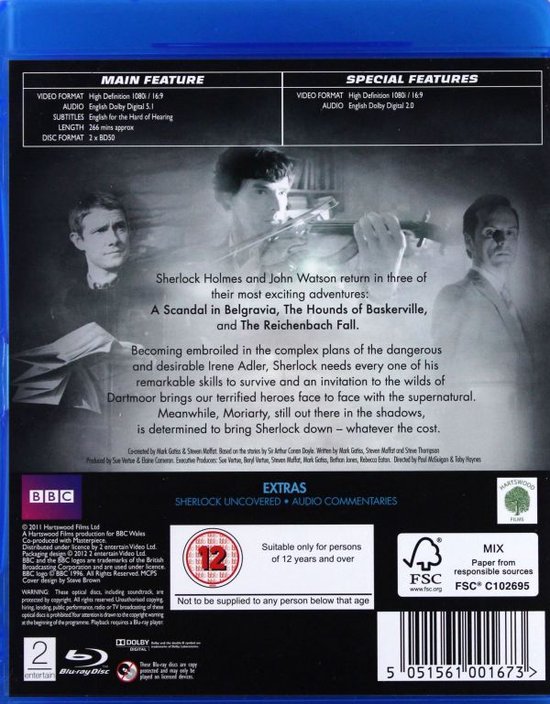 Achterkant van de Sherlock Complete Series Two Blu-ray, met details over de afleveringen en extra's.
