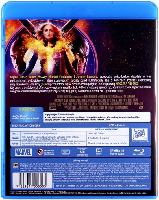Achterkant van de X-Men: Dark Phoenix Blu-ray hoes met castfoto en filminformatie.