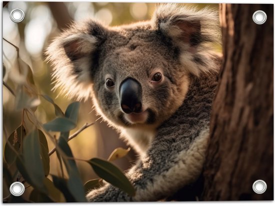 Tuinposter – Nieuwsgierige Koala Vanachter Dikke Boom - 40x30 cm Foto op Tuinposter (wanddecoratie voor buiten en binnen)