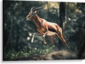 Canvas - Antilope Springend door het Bos - 100x75 cm Foto op Canvas Schilderij (Wanddecoratie op Canvas)