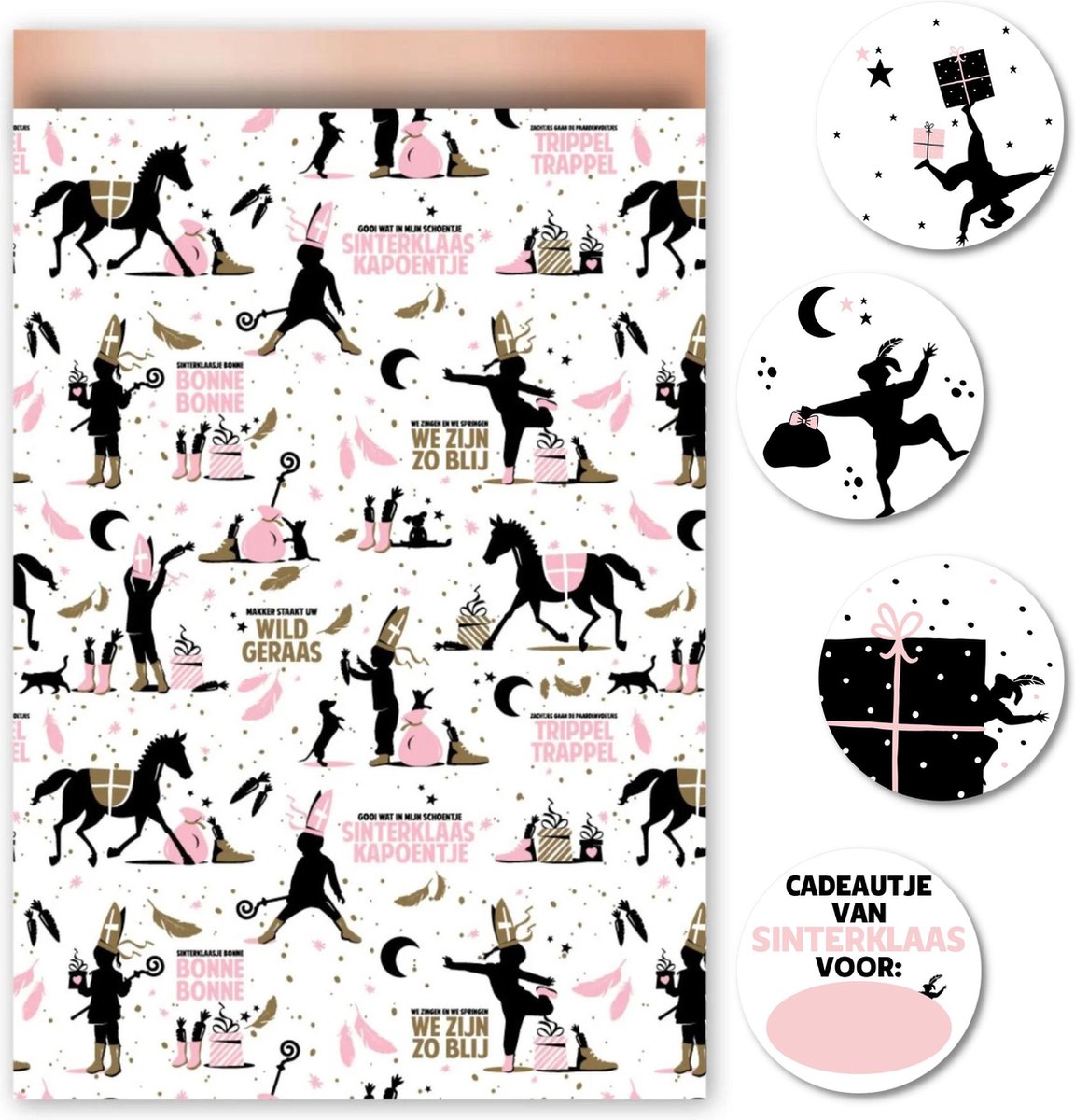 Sinterklaas cadeauzakjes + stickers | Set 10 stuks | Roze goud zwart