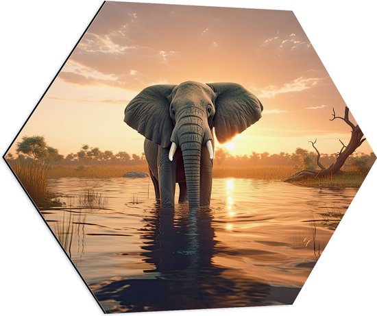 Dibond Hexagon - Olifant Lopend door Laagstaand Beekje bij Zonsondergang - 70x60.9 cm Foto op Hexagon (Met Ophangsysteem)