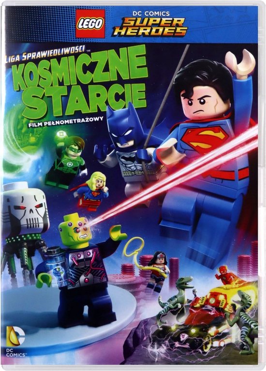 Lego Superman en Batman staan naast elkaar, met een laserschot van Superman. Om hen heen vliegen andere Lego-figuren en dinosaurussen. Tekst "LEGO DC SUPER HEROES".