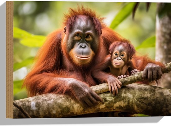Hout - Orang Oetan Aap met Baby zittend bij Takken - 40x30 cm - 9 mm dik - Foto op Hout (Met Ophangsysteem)