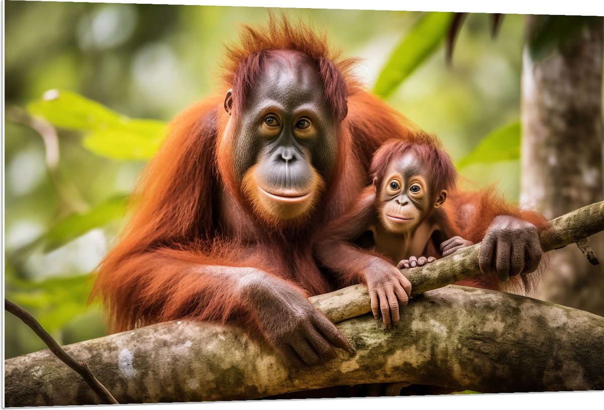 PVC Schuimplaat- Orang Oetan Aap met Baby zittend bij Takken - 120x80 cm Foto op PVC Schuimplaat