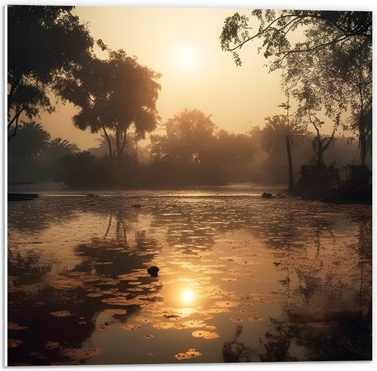 PVC Schuimplaat- Mistige Zonsopkomst aan het Water - 50x50 cm Foto op PVC Schuimplaat