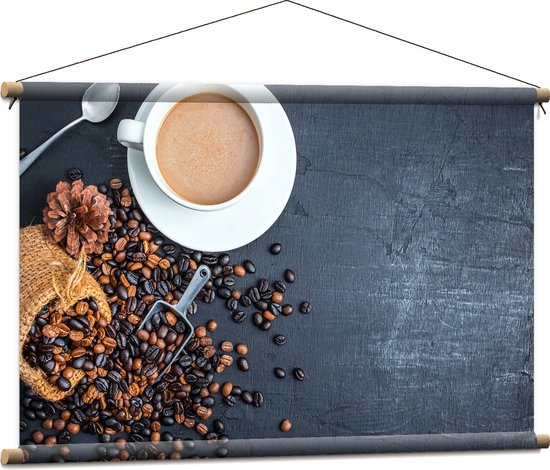 Textielposter - Bovenaanzicht van Kop Koffie met Jutten Zak met Koffieboontjes - 90x60 cm Foto op Textiel