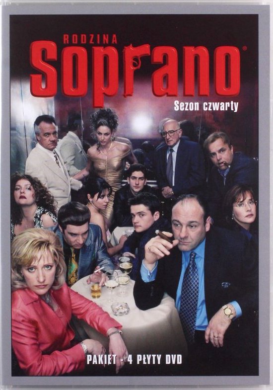 De cast van The Sopranos, waaronder Tony Soprano met sigaar, zit aan tafel. Tekst: Rodzina Soprano, Sezon czwarty, Pakiet - 4 plyty DVD.