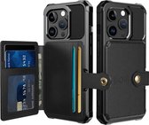 Étui portefeuille adapté pour Apple iPhone 15 Pro Max - Coque arrière avec porte-carte - Étui de téléphone pour carte de débit - Porte-carte à l'arrière - Étui avec aimant pour support de voiture Zwart