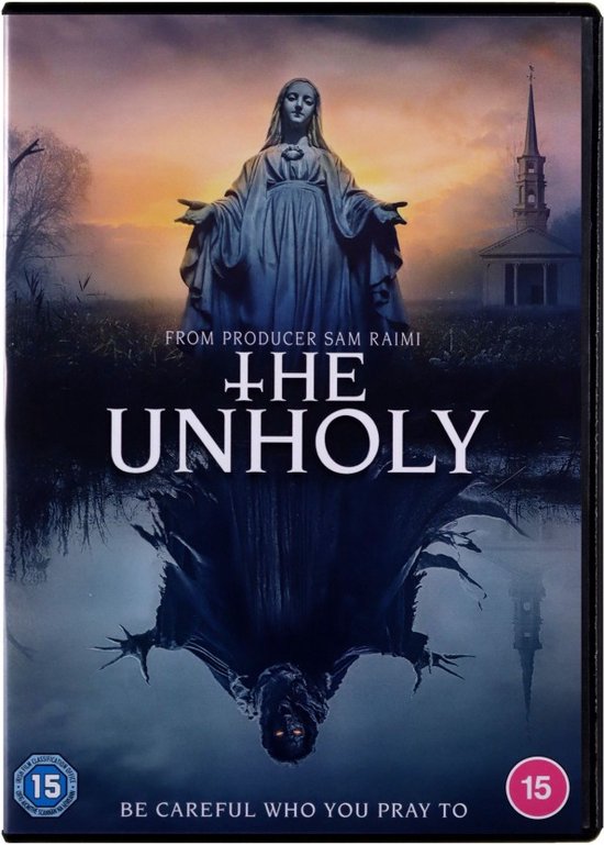 Voorkant van de DVD van The Unholy met een beeld van een vrouw in een gewaad en een demonische figuur eronder.
