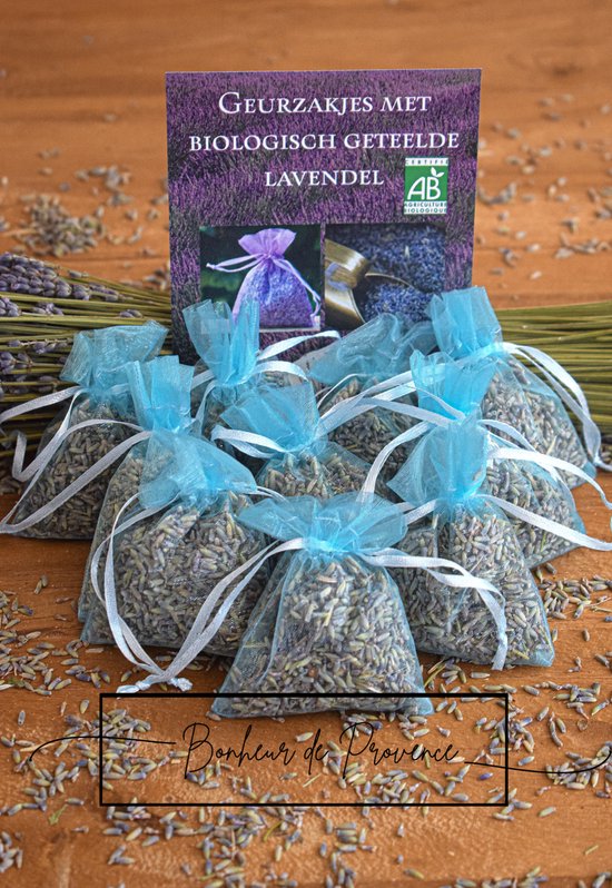Bonheur de Provence - Geurzakjes lavendel - Biologische lavendel - 10 lichtblauwe organza zakjes - 6 gram per zakje