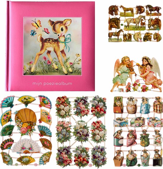 Poëziealbum - 16x16 - Roze - Hertje met vlinders - met 5 vellen Poëzieplaatjes - Versjes - Gedicht - Cadeau - Sint - Geschenk - Knutselen - Hobby - Creatief - Scrapbook - Poezie
