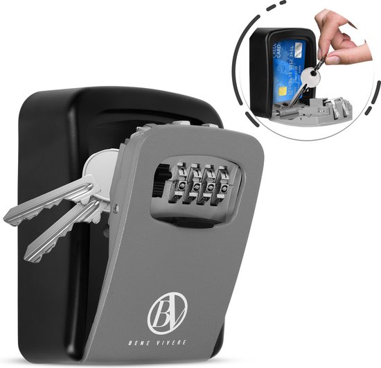 Bene Vivere® Sleutelkluis – Sleutelkluis voor buiten met wandmontage – Sleutelkastje voor binnen – Sleutelkluis met code – Sleutelkastje met cijferslot – Sleutelkluisje met code voor buiten - Grijs