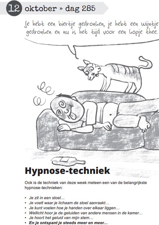 Een kat op een slapende man, met de tekst 'Je hebt een biertje gedronken, je hebt een wijntje gedronken en nu is het tijd voor een kopje thee.'