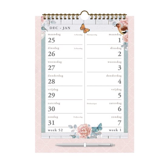 Weekkalender 2025 Spiraalkalender 2025 ROMANTIEK (30cmx20cm) A