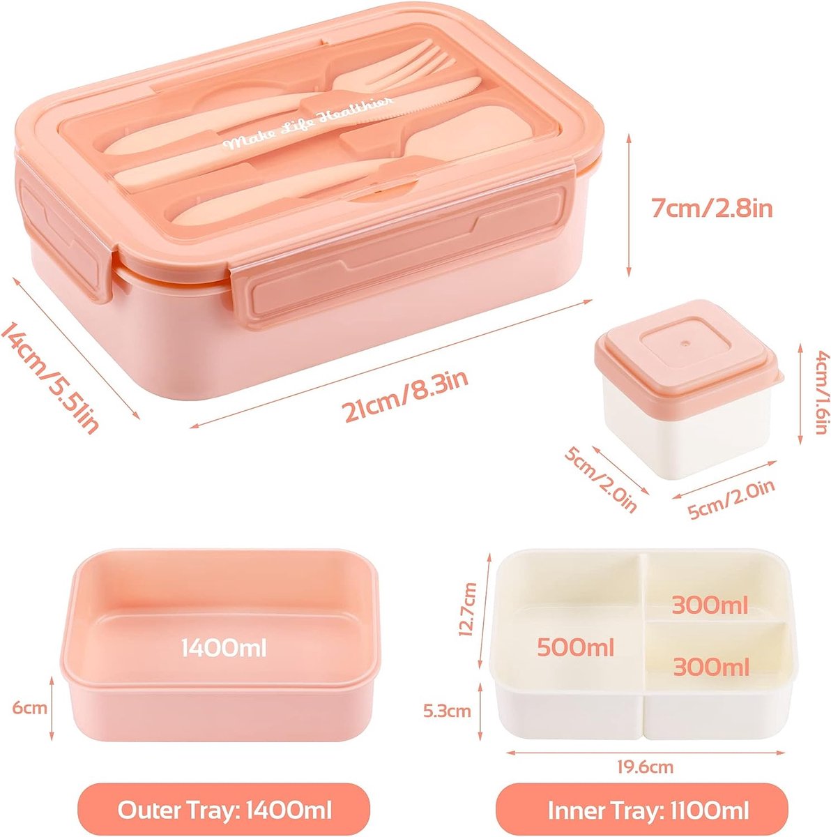 Diboniur Lunch Box, Bento Lunch Box Enfant Adulte 1400ml Avec 3 Compartiments, Conception Sans Fuite Boite Repas Avec Couverts, Pour Micro-onde Lave-vaisselle, École Pique-Nique Travail (Rose