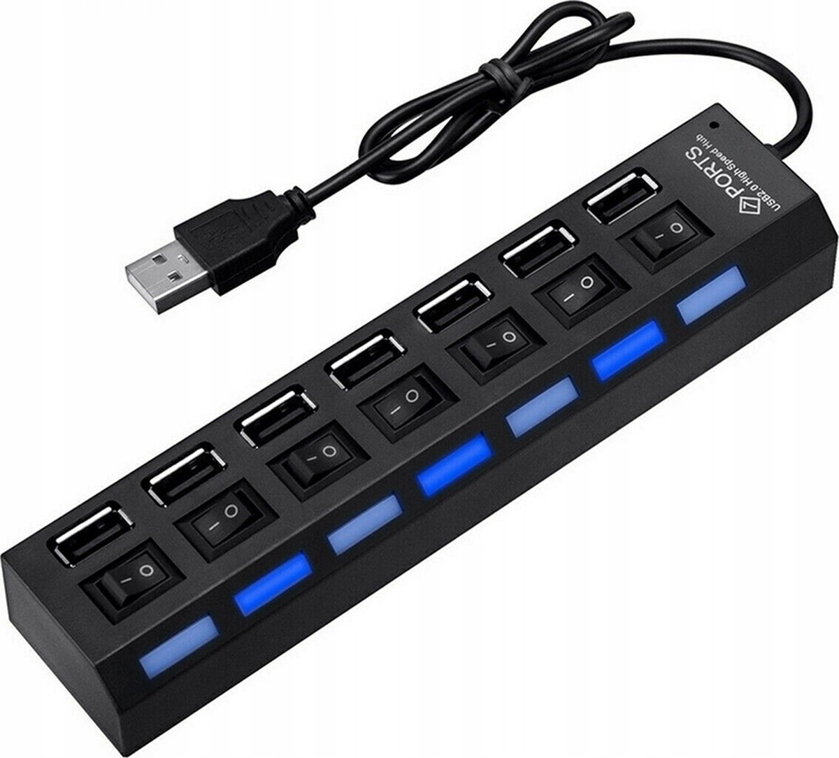 USB splitter - USB Hub 2.0 - 7 USB poorten - Kabel van 41 cm - Zwart - AAN/UIT-schakelaar
