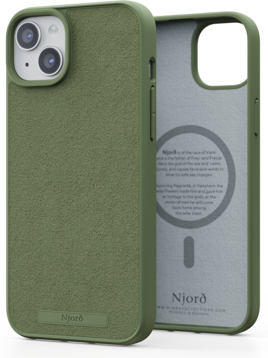 Njord Collections Suede Comfort+ Telefoonhoesje - Geschikt voor iPhone 15 Plus - Gereycled / Duurzaam materiaal - 2M valbescherming - Mag compatibel – Groen