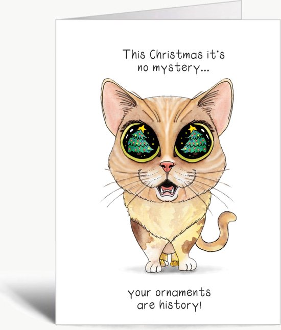 This Christmas it's no mystery... your ornaments are history! - Grappige kerstkaart met envelop - Christmas - Kerst - Woordgrapje - Woordspeling - Engels - humor - kat