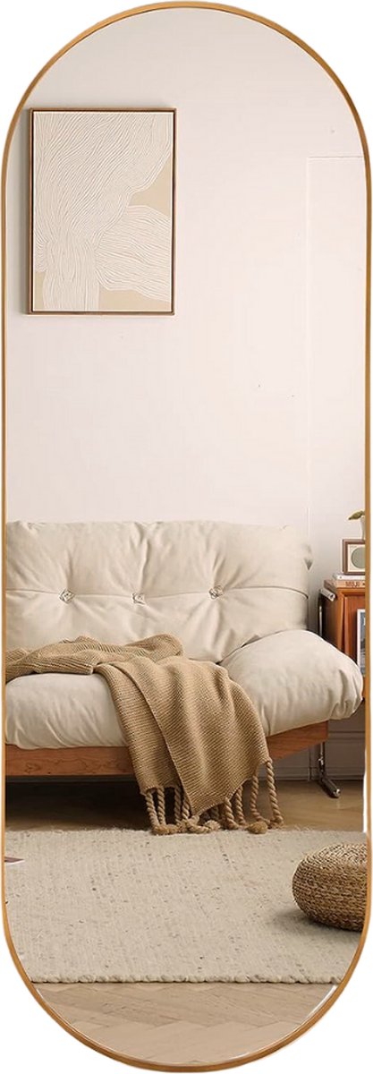 SensaHome Oval Passpiegel - Minimalistische Design Wandspiegel - Staande Spiegel met Metalen Rand - Modern - Kleedkamer Spiegel - 50x160CM - Goud